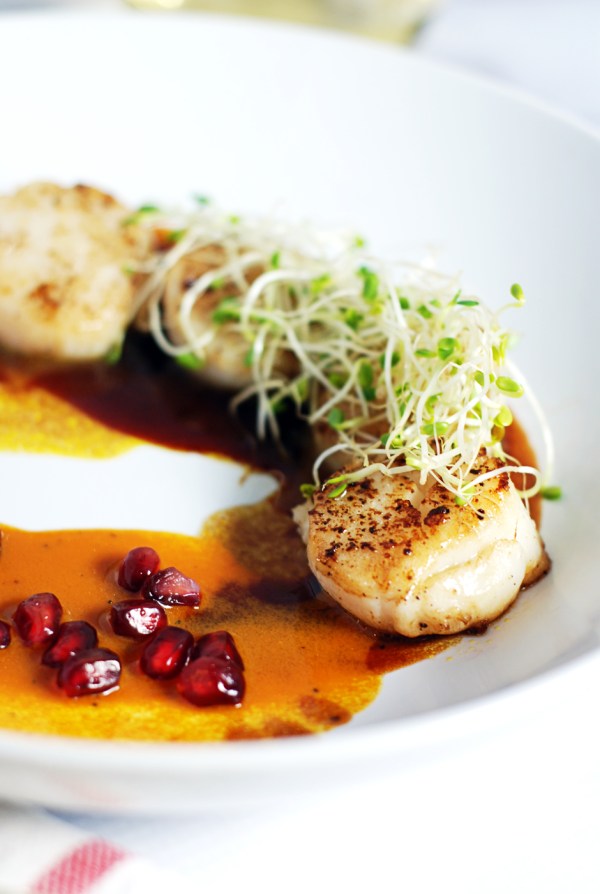 Seared Scallops With Duo Of Pomegranate And Carrot Sauce