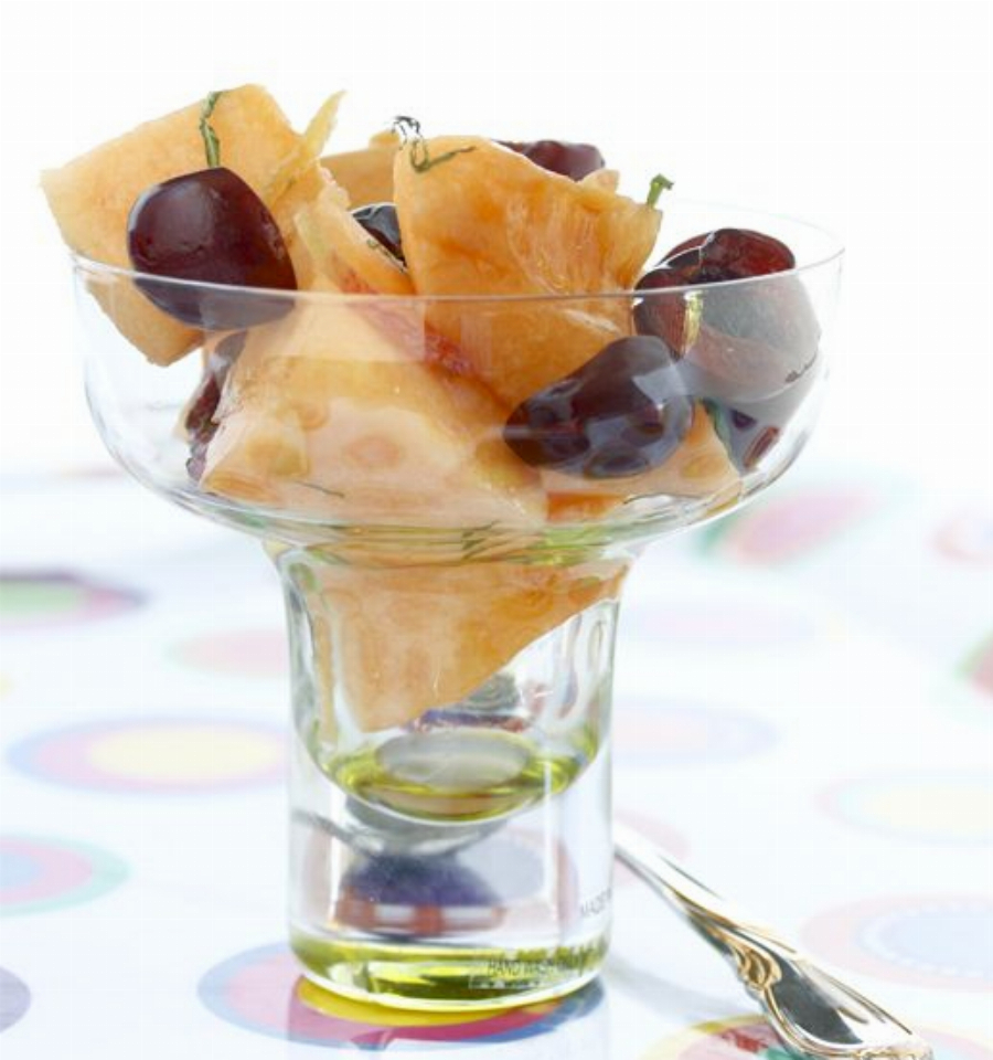 Recipe For Cantaloupe and Cherry Fruit Salad with Maple Ginger Syrup