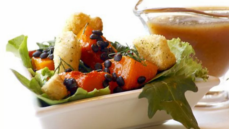 Recipe For Maple Roasted Butternut Squash Salad with Beluga Lentils and Sage-Flavored Croutons