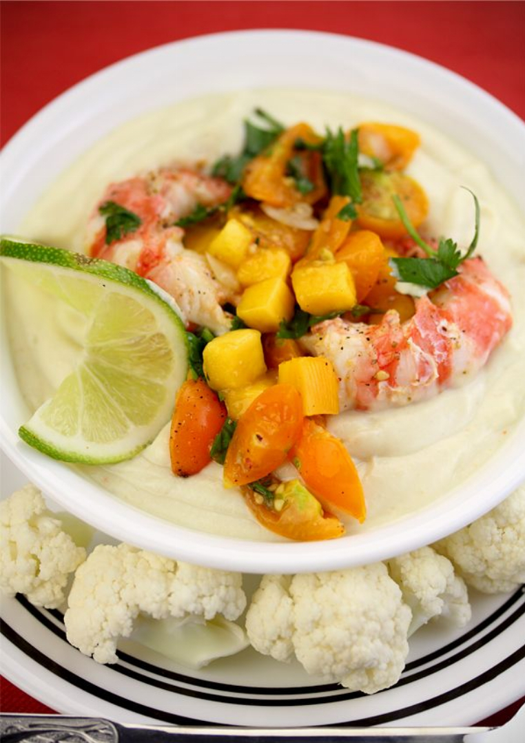Recipe For Cauliflower Cold Soup with Grilled Shrimp