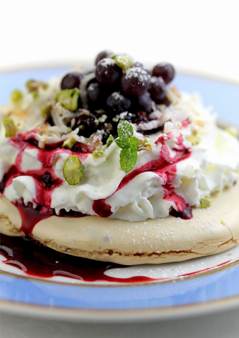 Recipe For Mulberry Pavlova with Black Corinth Grapes