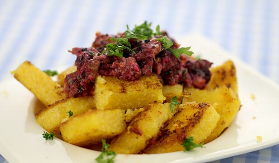 Recipe For Fried Polenta with Raw Beet Sauce