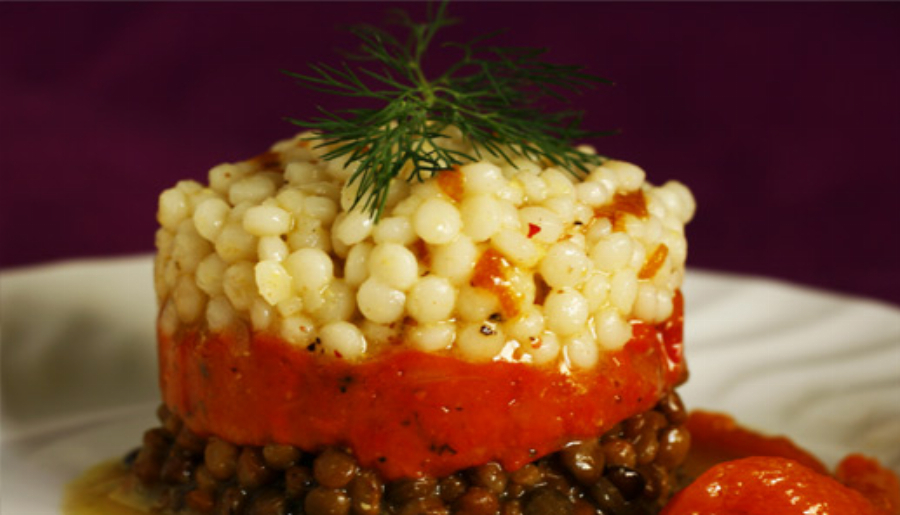 Recipe For Israeli Couscous and Lentil Salad with Roasted Red Bell Pepper Gelee