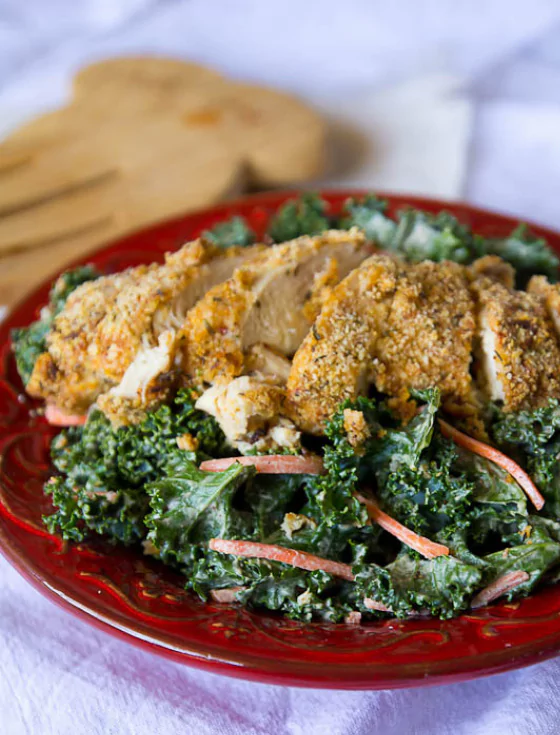 Recipe For Raw Kale Caesar Salad with Almond Crusted Paleo Chicken