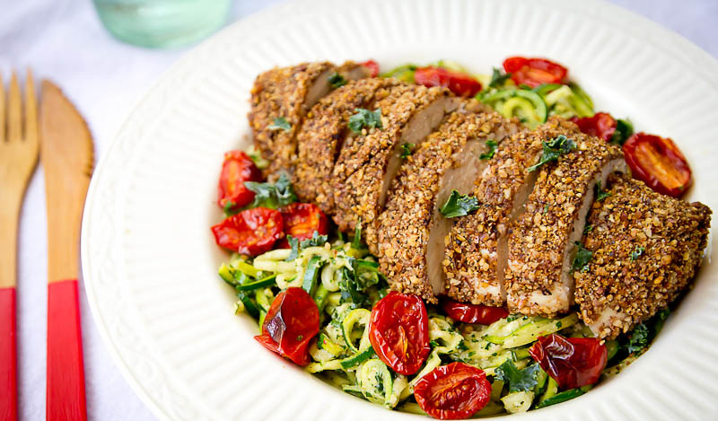 Recipe For Zucchini Noodles with Kale Pesto, Roasted Tomatoes, and Pecan Crusted Paleo Chicken