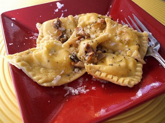 Recipe For Three Cheese Butternut Ravioli with Lobster Mushrooms