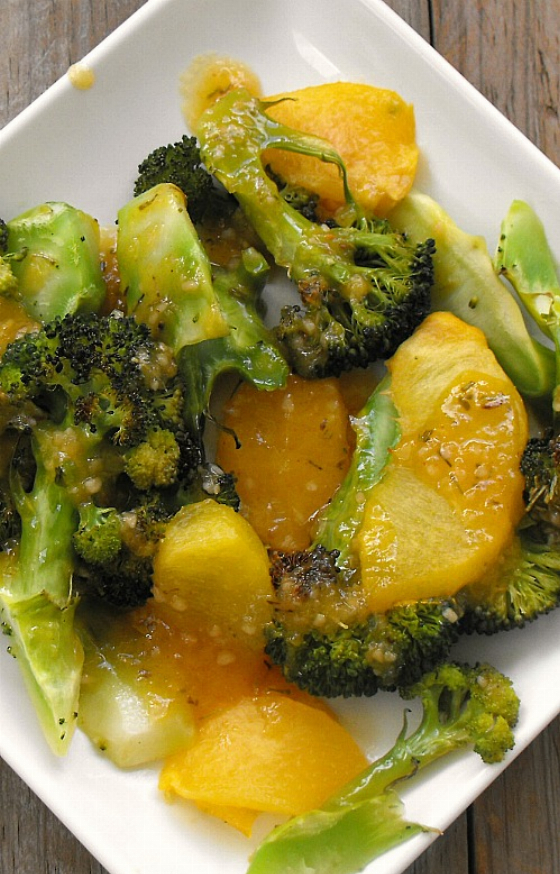 Recipe For Roasted Broccoli and Peaches with Peach Balsamic Sauce