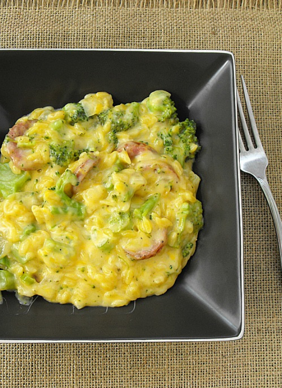 Recipe For Smoked Sausage Orzo and Cheese Broccoli Skillet
